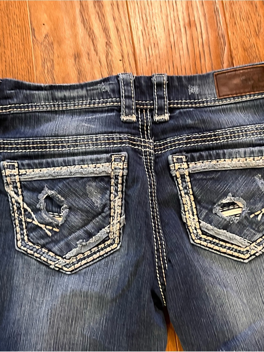 BKE Women's Dark Blue Boot Cut Jeans with White Contrast Stitching